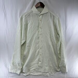 Stenströms Button Up Mens 16.5 Green Striped Cotton Linen Fitted Body